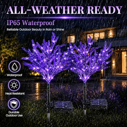 Geegoods Lavender Solar Garden Lights, 2 Pack Outdoor LED Flowers | 2 purple lavender solar flowers with LEDs; auto on/off, IP65 waterproof stakes for pathway, yard, patio and Halloween decor