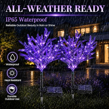 Geegoods Lavender Solar Garden Lights, 2 Pack Outdoor LED Flowers | 2 purple lavender solar flowers with LEDs; auto on/off, IP65 waterproof stakes for pathway, yard, patio and Halloween decor