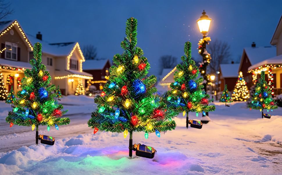 Windpnn 2Pack Solar Christmas Tree Lights Outdoor Decorations, with 40 Strawberry Lights Waterproof Pathway Lights for Garden Patio Yard Cemetery Decor
