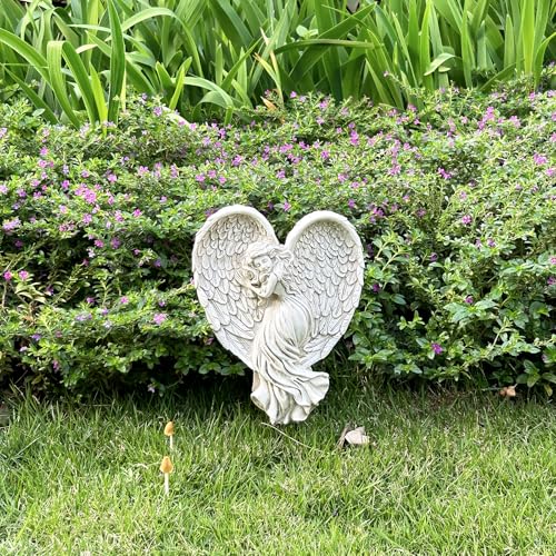 Angel Garden Statue for Outdoor Sleeping Angel with Wings Fairy Memorial Guardian Love Angels with Stake for Outside Yard Art Grave Cemetery Patio Balcony Lawn, White