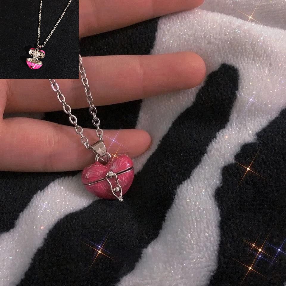 Heart Locket Necklace Y2k Love Heart Necklace Tiny Small Cute Necklace for Women Valentine's Day - color: Pink