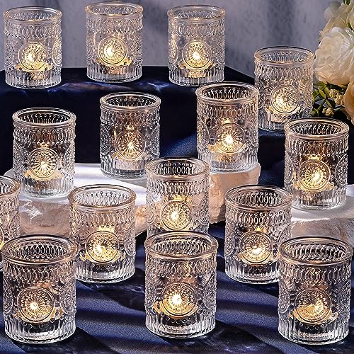Clear Votive Candle Holders Set of 36- Glass Tea Light Candle Holders Bulk | for Tea Light Candle, Embossed Candle Votives for Fall Wedding Centerpiece, Living Room & Home Table Decor - color: Clear