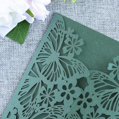 20 PCS Butterfly Quinceanera Invitation, Laser Cut Invitation Cards | 5.12x7.2" Emerald Green Butterfly Quinceanera Invitation with Envelopes for XV Anos Bridal Shower Baby Shower Invite - color: Emerald Green