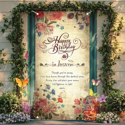 Happy Birthday in Heaven Door Banner, Funeral Memorial Flags, Happy Heaven Birthday Banner for Condolence Anniversary Memorial Decoration, 70.8 x 35.4 inch