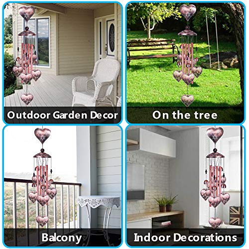 Loving Heart Wind Chimes Outdoor Indoor Decor - with 4 Aluminum Tubes 6 Bells 7 Hearts Mobile Romantic Wind Catcher Heart Shaped Windchimes for Home, Mom Gifts, Balcony, Festival, Garden Decoration