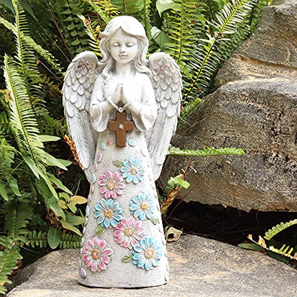 Voveexy Angel Garden Statue Outdoor Figurine, Solar Powered Garden Sculpture with 6 LEDs Resin Praying Angel Decor for Patio Lawn Yard Porch Decoration Christmas Birthday Housewarming Present 13.2” H