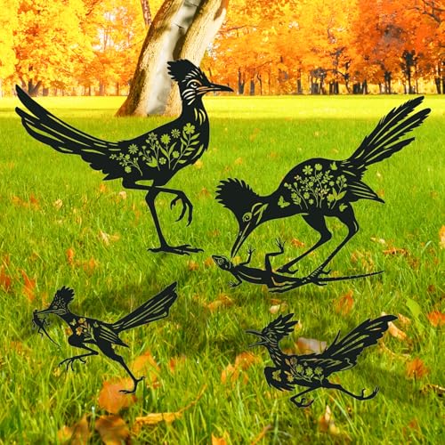Rngmsi Roadrunner Metal Garden Stakes Yard Decor, 4PCS Black Roadrunner Silhouette Statues Garden Decorative Gifts for Yard Art, Patio, Outside, Lawn Ornaments, Christmas, Backyard, Pathway - style: Roadrunner