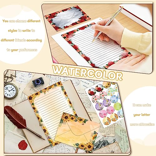 TaoBary 160 Pcs Flower Stationery Paper and Envelopes Set 50 Double Sided Lined Stationery Paper with 50 Matching Envelopes and 60 Round Dot Sticker 5.5 x 8.25'' Letter Writing Kit, 10design - size: 5.5 x 8.25 Inch, style: Flower