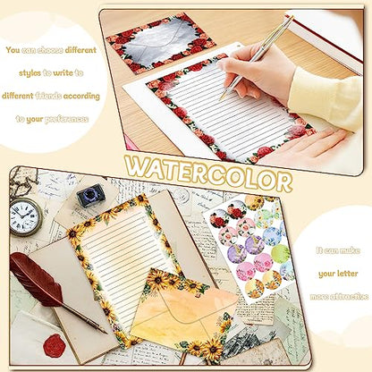 TaoBary 160 Pcs Flower Stationery Paper and Envelopes Set 50 Double Sided Lined Stationery Paper with 50 Matching Envelopes and 60 Round Dot Sticker 5.5 x 8.25'' Letter Writing Kit, 10design - size: 5.5 x 8.25 Inch, style: Flower