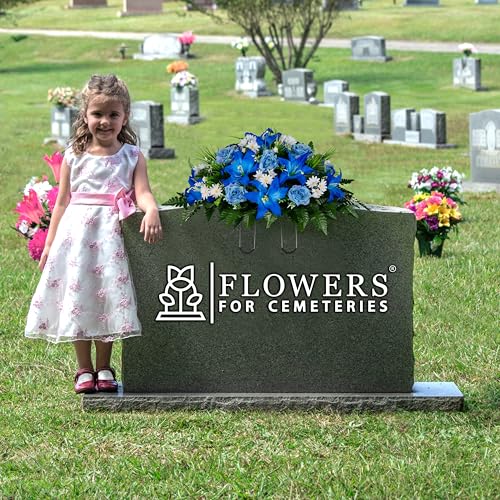 Sympathy Silks 30" Headstone Flower Saddle Artificial Cemetery Flowers - Gravesite Flowers - Blue Lily and Rose with White Daisies - color: Blue, size: Saddle