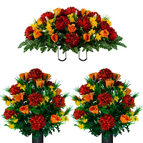 Artificial Cemetery Flowers – Realistic Vibrant Roses, Outdoor Grave Decorations - Non-Bleed Colors, and Easy Fit - 2 Burgundy Mum and Orange Rose Bouquets & 1 Saddle - color: Burgundy, size: 2 Bouquets and 1 Saddle