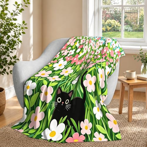 Cute Cat Fleece Throw Blanket, Flowers Flannel Blankets for Couch 50"×60" - color: Cute Black Cat