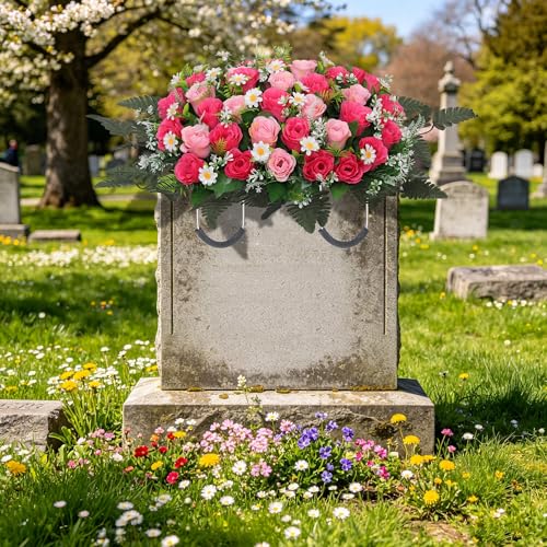 Wocst Headstone Flower Saddle,Large Artificial Cemetery Flowers for Grave Artificial Roses Daisy Saddle for Cemetery Headstone (Pink) - color: Pink