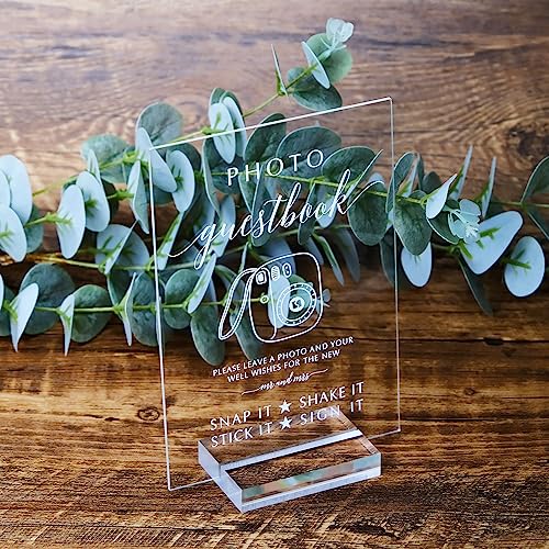 Acrylic Photo Guestbook Signs with Stand- 5x 7 Inch Glass Look Clear Acrylic Wedding Reception Sign Modern Font Sign with Holder for Wedding Reception & Party Event - size: 5" x 7" Photo Guest Book Sign