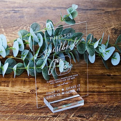 Acrylic Photo Guestbook Signs with Stand- 5x 7 Inch Glass Look Clear Acrylic Wedding Reception Sign Modern Font Sign with Holder for Wedding Reception & Party Event - size: 5" x 7" Photo Guest Book Sign