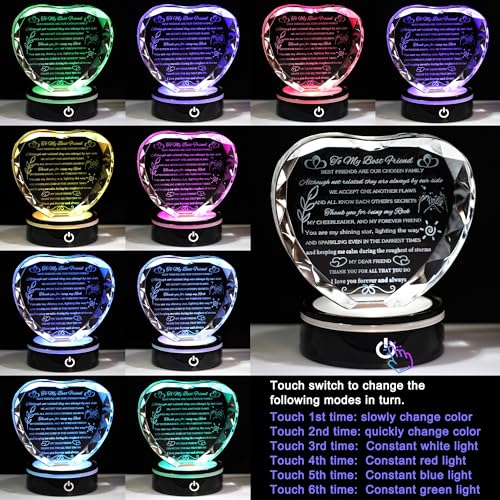 YWHL Best Friend Birthday Gifts with LED Base Crystal Heart Keepsakes Friendship Gifts for Women Best Gift Ideas for Bestie Friends Female BFF Gift for Her - style: Best Friend Gifts+LED Style 2