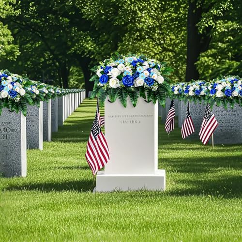Artificial Cemetery Flowers, Saddle Headstones Decoration, Artificial Rose Daisy Bouquet Graveyard Memorial Flowers (Blue and White)