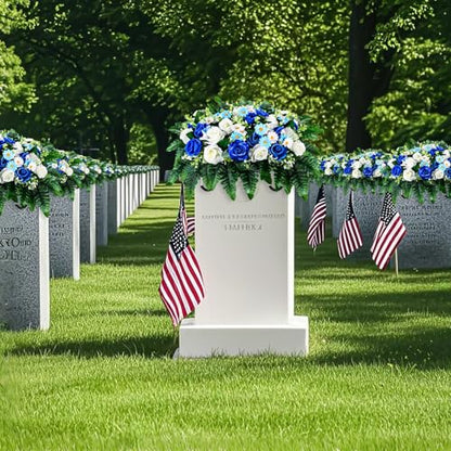 Artificial Cemetery Flowers, Saddle Headstones Decoration, Artificial Rose Daisy Bouquet Graveyard Memorial Flowers (Blue and White)