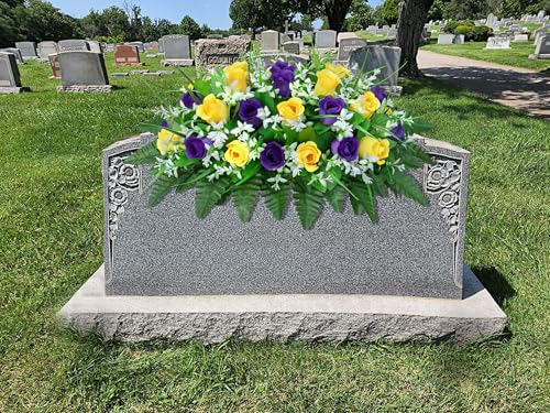 LVXINLI Artificial Cemetery Flowers Saddle-Shaped Tombstone Decorations Non-Fading UV-Resistant（ Yellow+Purple Saddle） - color: Yellow+purple Saddle