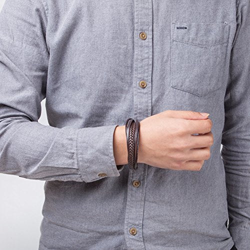 Mens Leather Bracelet with Clasp Cowhide Multi-Layer Braided Leather Mens Bracelet - style: brown leather&black clasp&7.5