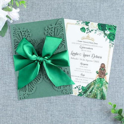 20 PCS 5.12x7.2 Butterfly Personalized Quinceanera Invitation, Customized XV Anos Laser Cut Invitation Cards with Envelopes (Emerald Green Personalized) - color: 20 PCS Emerald Green Personalized