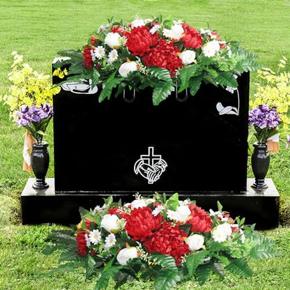 Headstone Flowers – Artificial Cemetery Flowers for Grave, Artificial Red Roses and Chrysanthemums Mixed - Easy to Install Cemetery Flowers for Grave Saddle - color: Red+white
