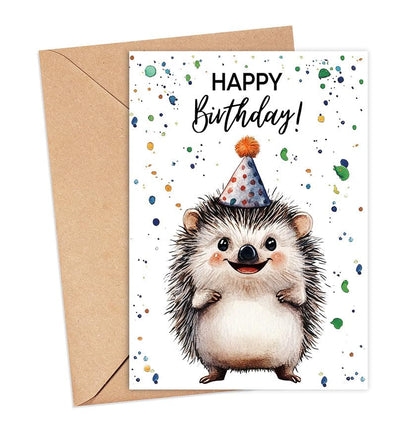 Hedgehog Birthday Card With Party Hat - Happy Birthday Card - Hedgehog Gift - Zoo Safari Animal Birth - Zoo Greeting Cards - Hedgehogs Watercolour Cards - Animal Lover Birth Gift