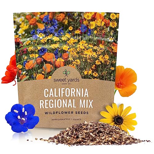 California Wildflower Mixture - Bulk 1 Ounce Packet - Over 7,000 Native Seeds - Open Pollinated and Non GMO - size: 1 Ounce (Pack of 1), style: California Regional Mix