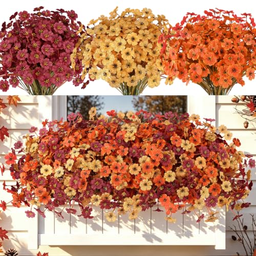 AmyHomie 20 PCS Artificial Fall Flowers for Outdoors, Orange Fake Mums | Fall Decor, Farmhouse & Thanksgiving; No Fade Patio Porch Garden Window Box, Hanging Flowers & Planter Baskets - color: Brown Orange Yellow, size: 20