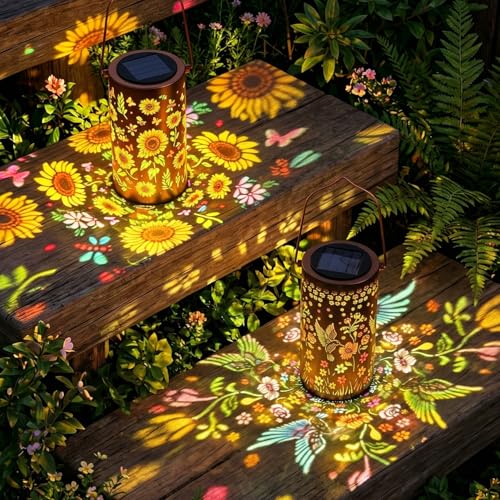 2 Pack Colorful Solar Lanterns Outdoor Waterproof, Garden Decor Gifts for Women Mom Grandma - LED Sunflower and Hummingbird Solar Powered Lights Metal Hanging Lantern for Outside Garden Patio Yard - color: Sunflower and Hummingbird