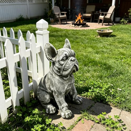 French Bulldog Statue, 15.75 in Weathered Gray Resin Dog Sculpture | Upright ears, defined facial folds, broad front paws; porch patio entryway accent, Frenchie lover and housewarming gift - color: French Bulldog