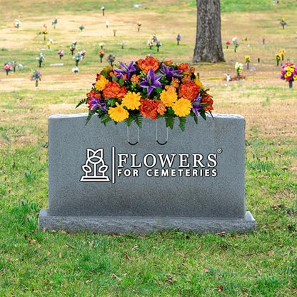 30" Headstone Flower Saddle Artificial Cemetery Flowers - Gravesite Flowers - Orange Peonies, Purple Lilies, and Yellow Daisies - size: Saddle