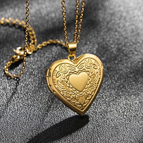 Gold Locket Necklace for Women, Vinatge Heart Oval Butterfly Angel Engraved Pendant that Holds Picture Photo Locket Memorial Necklace Personalized Jewelry Birthday Gifts - color: Heart/Gold