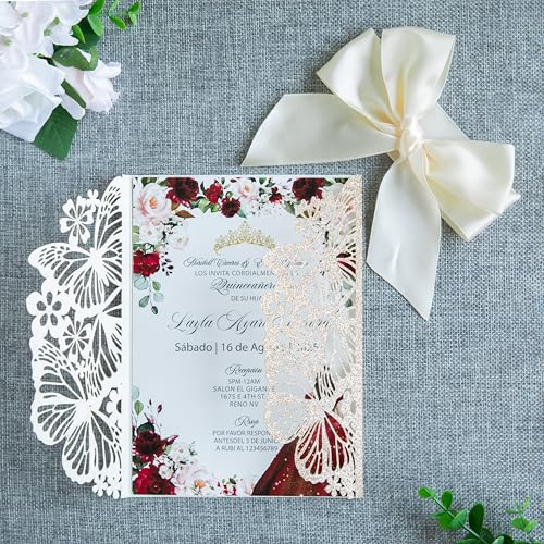 20 PCS 5.12x7.2 Butterfly Personalized Quinceanera Invitation, Customized XV Anos Laser Cut Invitation Cards with Envelopes (20 PCS Light Gold Personalized) - color: 20 PCS Light Gold Personalized