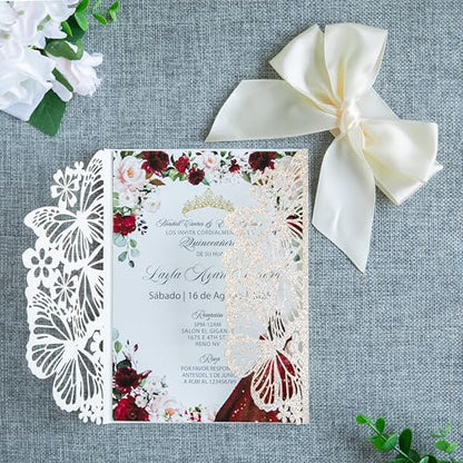 20 PCS 5.12x7.2 Butterfly Personalized Quinceanera Invitation, Customized XV Anos Laser Cut Invitation Cards with Envelopes (20 PCS Light Gold Personalized) - color: 20 PCS Light Gold Personalized