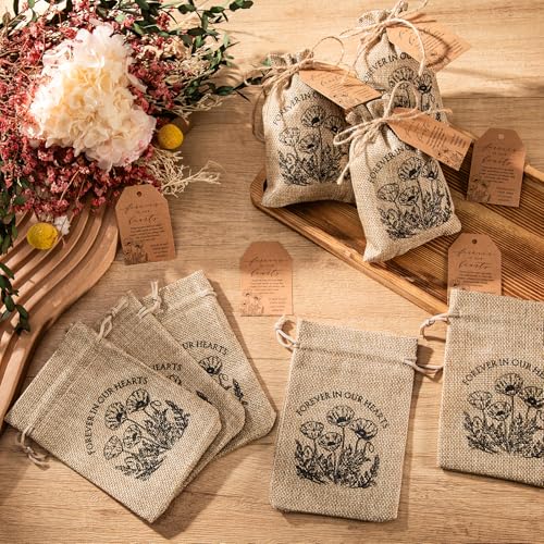 Tanlade 50 Sets Funeral Favor Burlap Bag, Tag and Twine, No Seed, Poppy - style: Poppy