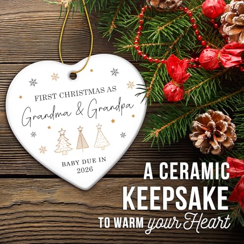 ZAGKOO First Christmas as Grandma and Grandpa Ornament 2025 - Baby Due in 2026 Ornament - New Grandparents Promoted to Grandparents Pregnancy Announcement Ceramic Heart Ornaments - color: Grandparents 2