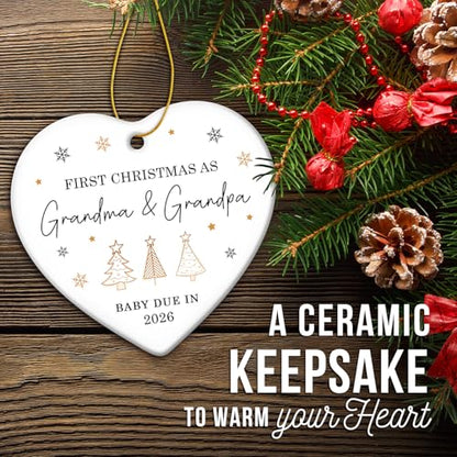 ZAGKOO First Christmas as Grandma and Grandpa Ornament 2025 - Baby Due in 2026 Ornament - New Grandparents Promoted to Grandparents Pregnancy Announcement Ceramic Heart Ornaments - color: Grandparents 2