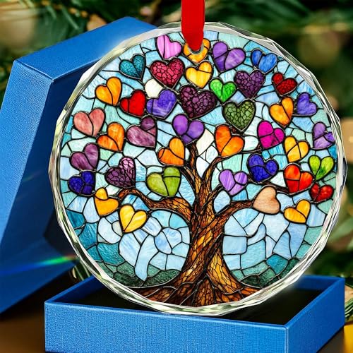 Tree of Life Glass Ornament for Xmas Tree Handing Decorations W/Ribbons & Box, Tree-of-Life Decor Gifts for Women, 2025, White Elephant Gift, Exchange Family - color: Tree of Life