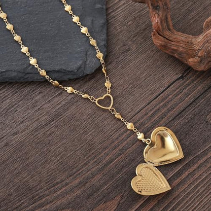 Personalized Heart Locket Necklace for Women Stainless Steel- Heart Necklace - color: Gold-B
