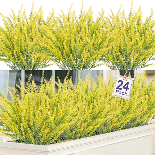 24 Pcs Artificial Lavender Fake Flowers Outdoors, Yellow | Realistic, faux plastic plants, UV resistant, for home wedding garden patio window table centerpieces indoor outdoor decor - color: Yellow, size: 24 Bundles