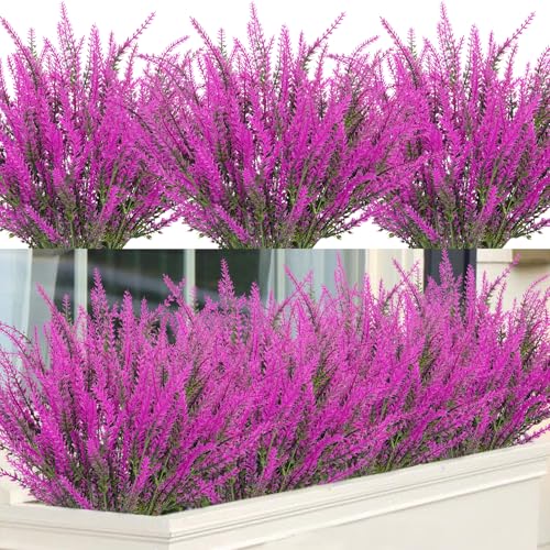 12 Pcs Artificial Lavender Fake Flowers Outdoors, Fuchsia | Realistic, faux plastic plants, UV resistant, for home wedding garden patio window table centerpieces indoor outdoor decor - color: Fuchsia, size: 12 Bundles