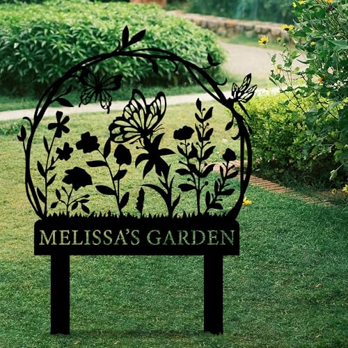 Personalized Garden Sign with Flower Design Custom Stake Butterfly Customized Gardening Gift Farmhouse Decor for Outside Gardening Decorative Gifts Gardeners Backyard Art Yard Outdoor Lawn Patio Path Black Large Camping Housewarming Mom Grandmother - colo