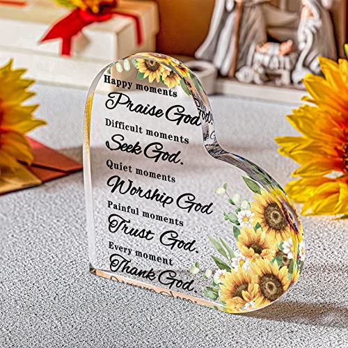 Christmas Bible Verses Decor Christian Gift for Woman Inspirational Quotes Prayer Room Happy Moment Praise God Acrylic Hearts Home Office Table Shelf (Sunflower), As Pictures Shown - style: Sunflower