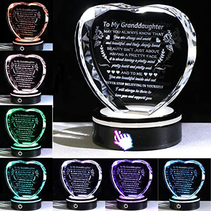 YWHL Granddaughter Gifts from Grandma Graduation Birthday Gifts for Granddaughter Heart Crystal to My Granddaughter Keepsakes Gift with Colorful Base on Wedding Back to School Valentine Christmas - color: Granddaughter Gifts+led