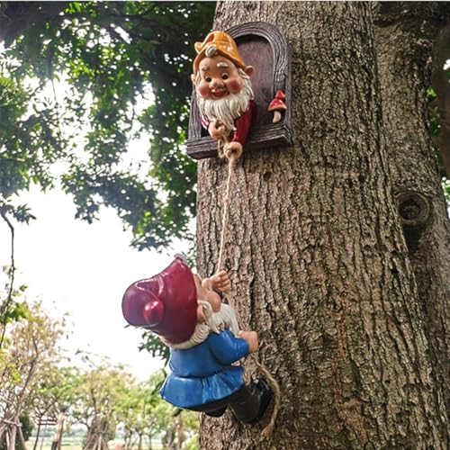 Gnome Garden Decor Climbing Tree Decoration Outdoor,Fariy Door Tree Face Figurine Lawn Patio Statue,Funny Climbing Elves Peeker Sculpture Yard Art - color: Climb Gnome