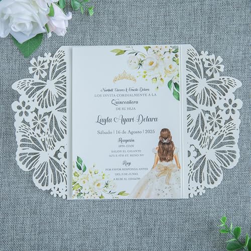 20 PCS Ivory Butterfly Quinceanera Invitation, Laser Cut Invitation Cards | 5.12x7.2" light Gold Glitter Butterfly Quinceanera Invitation with Envelopes for XV Anos Bridal Shower Baby Shower Invite - color: Ivory