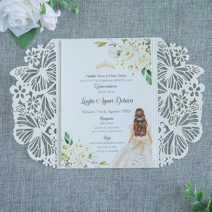 20 PCS Ivory Butterfly Quinceanera Invitation, Laser Cut Invitation Cards | 5.12x7.2" light Gold Glitter Butterfly Quinceanera Invitation with Envelopes for XV Anos Bridal Shower Baby Shower Invite - color: Ivory