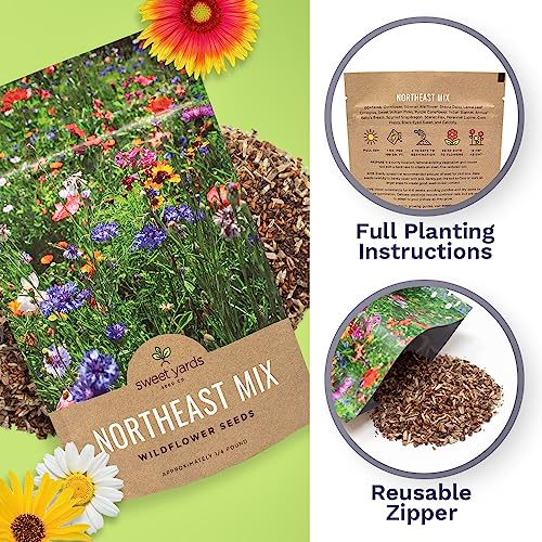 Sweet Yards - Northeast Wildflower Seed Regional Mixes - Bulk 1/4 Pound Bag - Over 30,000 Native Seeds - Open Pollinated and Non GMO Varieties for New York, Virginia, Pennsylvania, Maine and More! - size: 4 Ounce (Pack of 1), style: Northeast Regional Mix