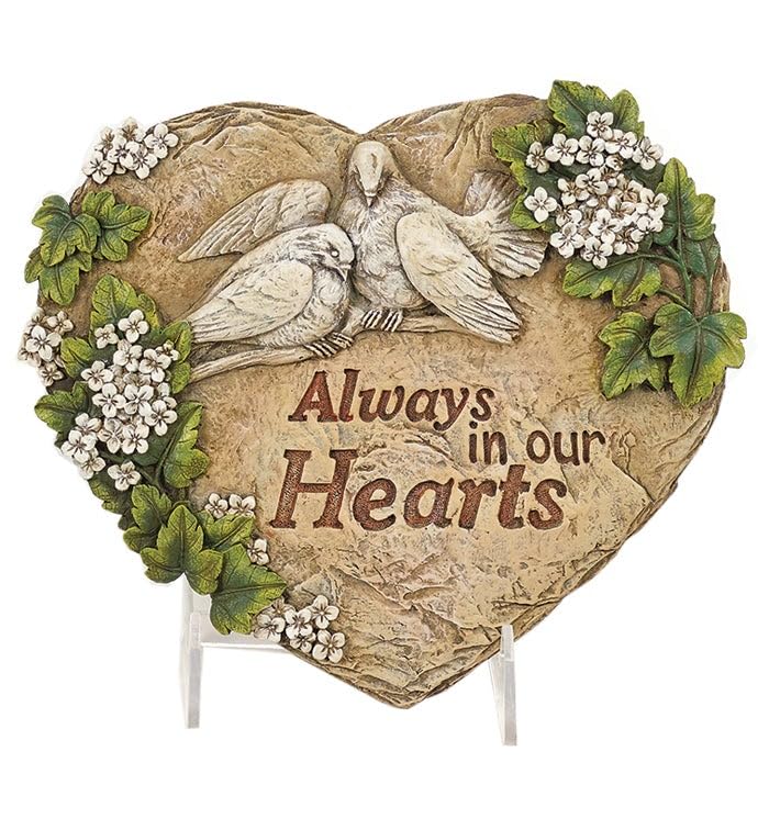 Napco Imports Doves and Flowers Always in Our Hearts 9.5 x 11 Inch Brown Green and White Resin Tabletop Sympathy Stone